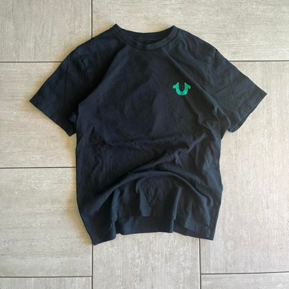 True‎ Religion black t-shirt with green logo